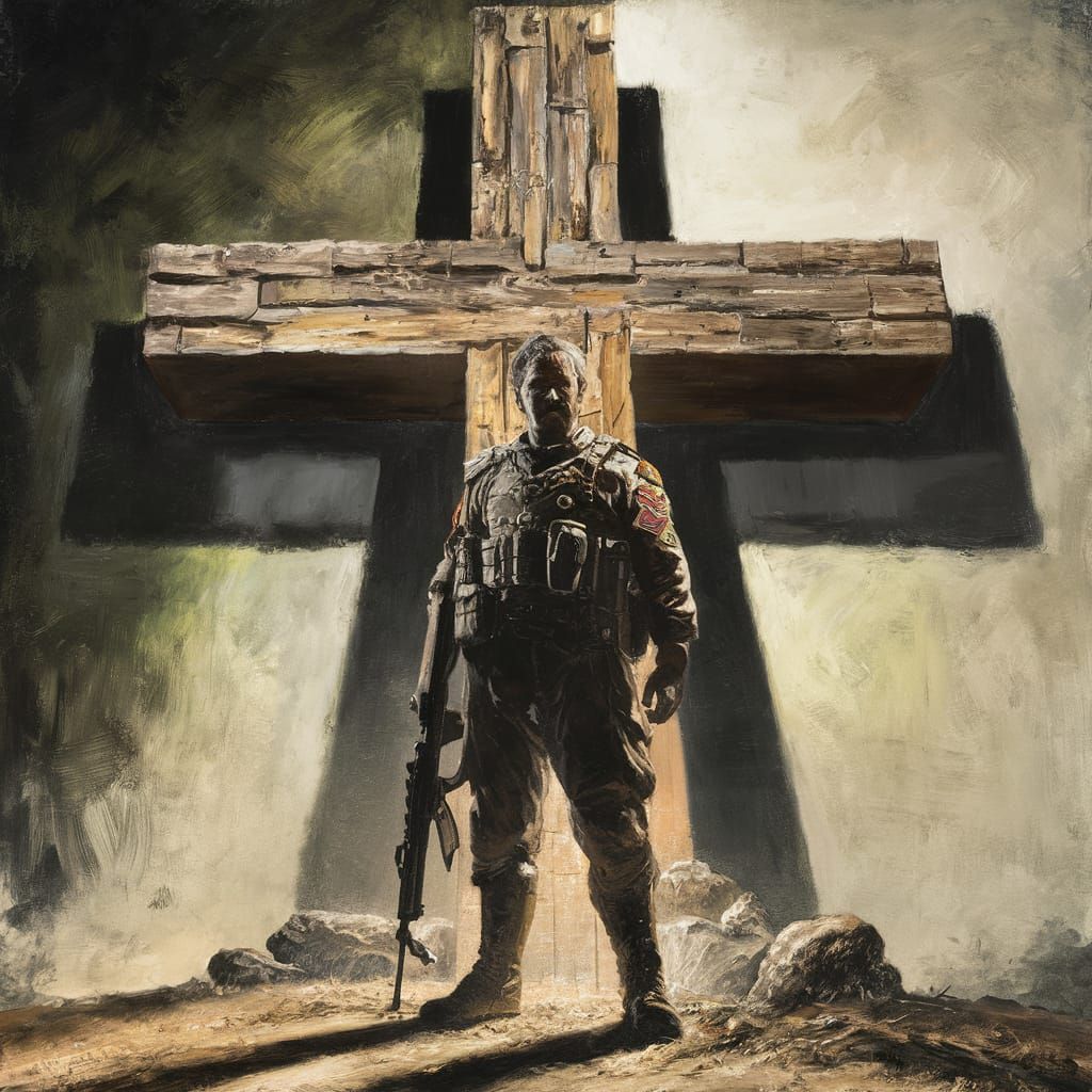 Soldier With Rifle Before Ornate Wooden Cross, Oil Painting ...