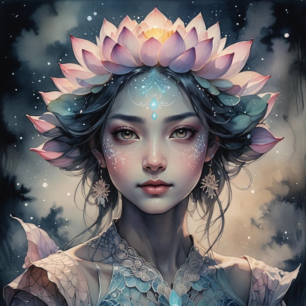 Pastel Lotus Portrait in Ink Wash Style