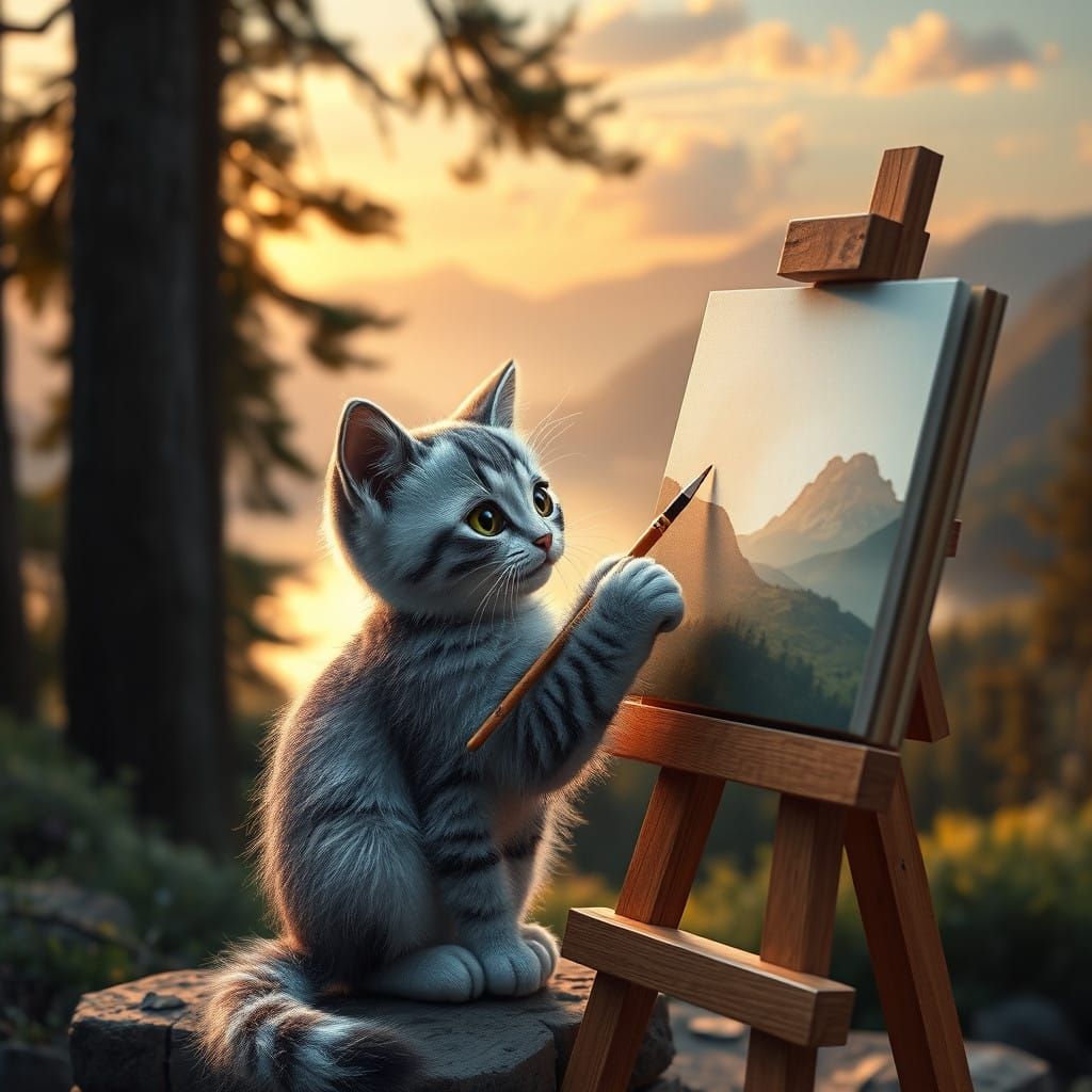 Surreal Hyperrealistic Scene of Cat Painting in Nature's Gol...