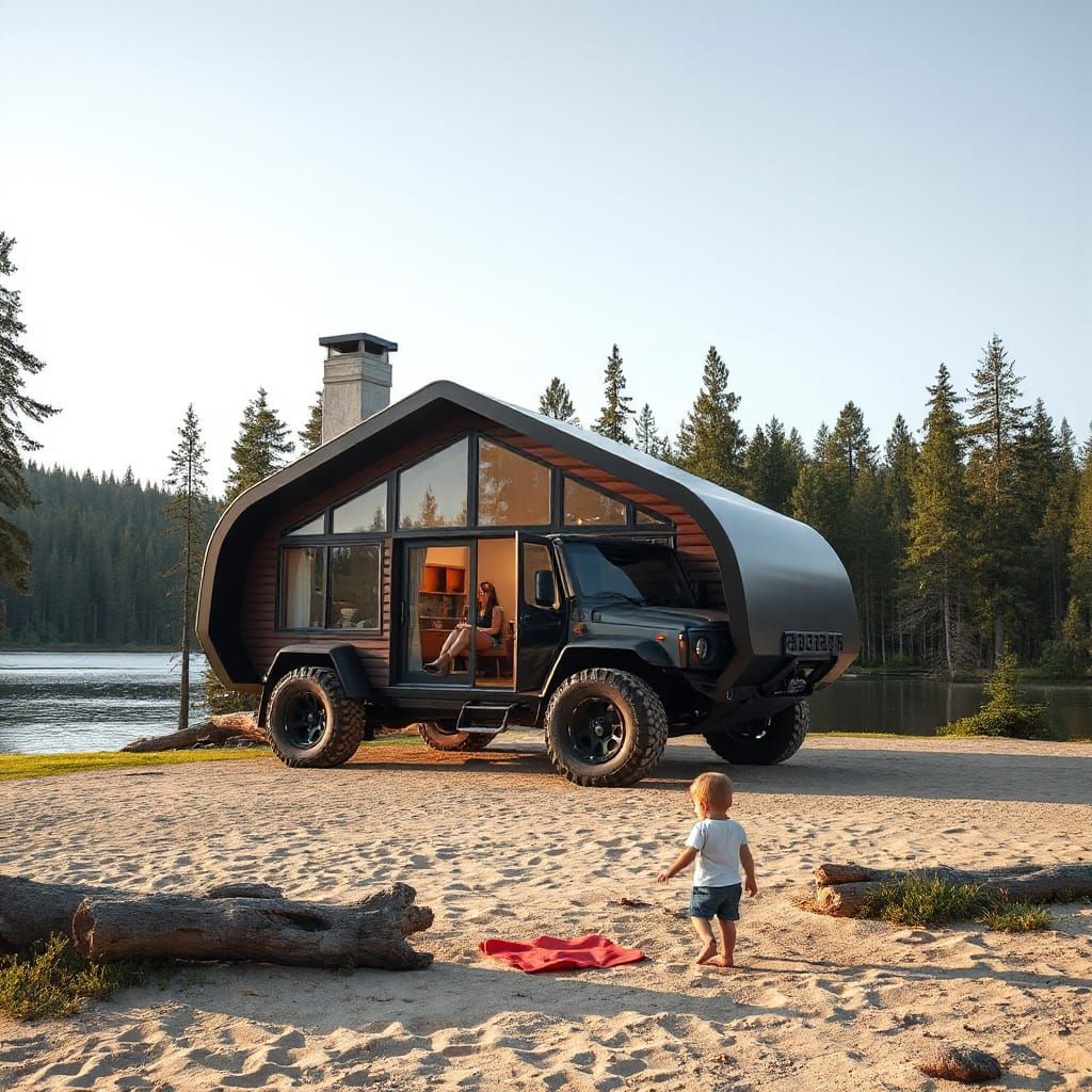Futuristic Lakeside Cabin with Family and Amphibious SUV