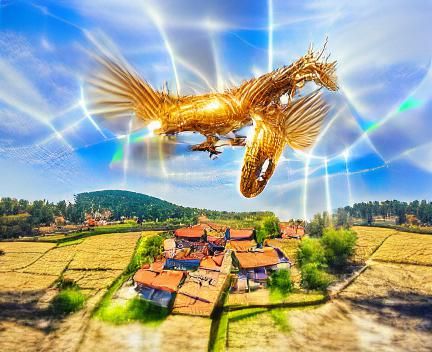 Golden Dragon Flies Over Medieval Farmland
