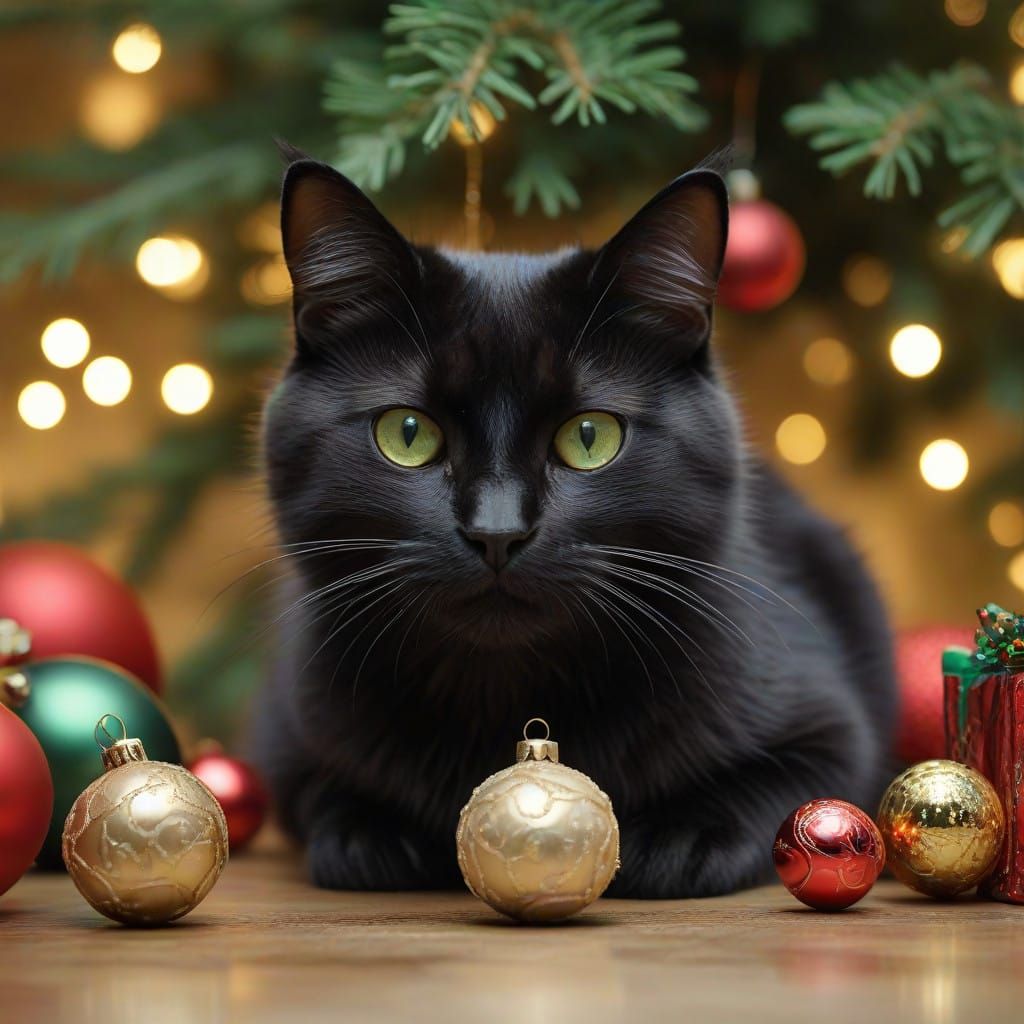 Whiskered Feline Plays with Christmas Ornament in Warm, Gold...