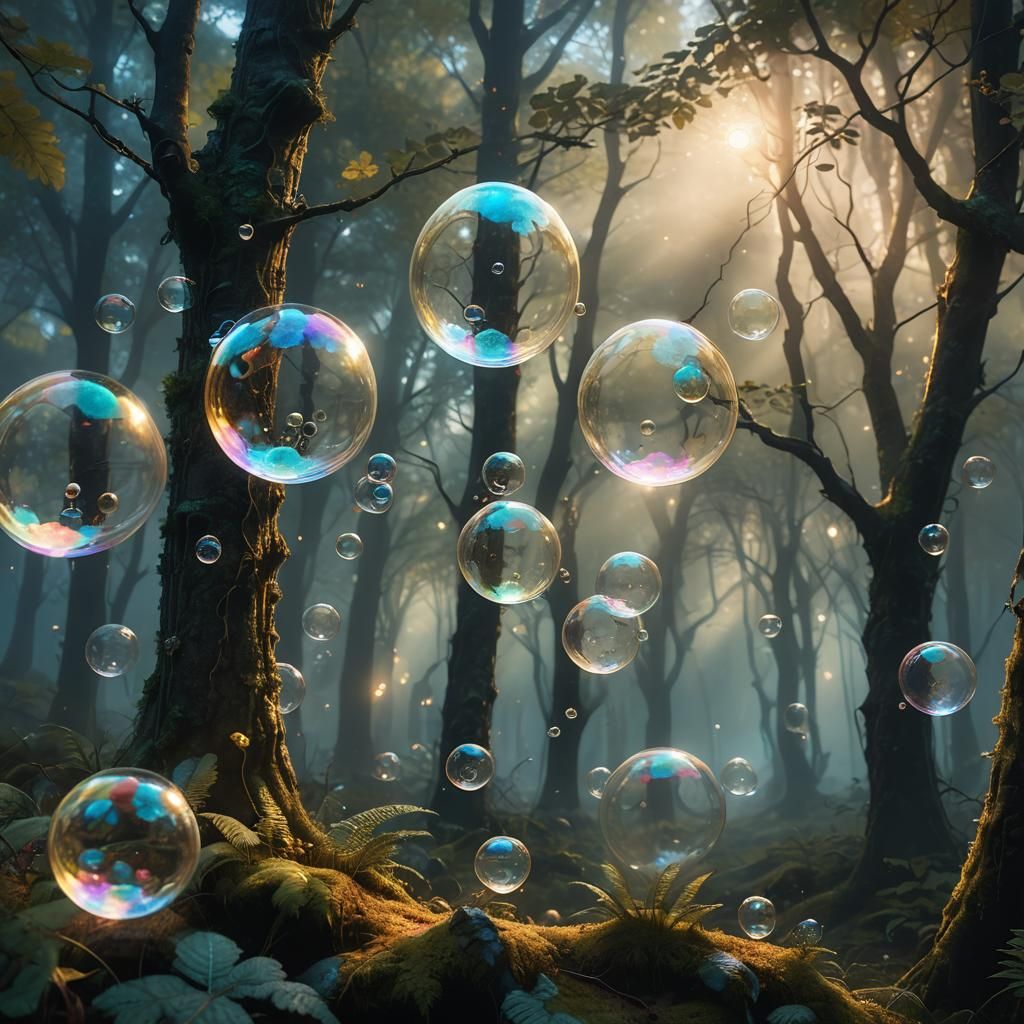 Glowing Crystal and Soap Bubbles in Forest