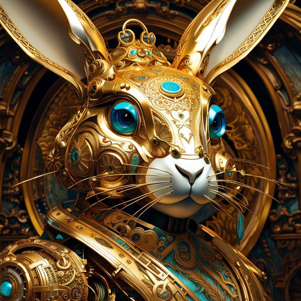 Gold Filigree Robot Bunny: Detailed 8K Masterpiece