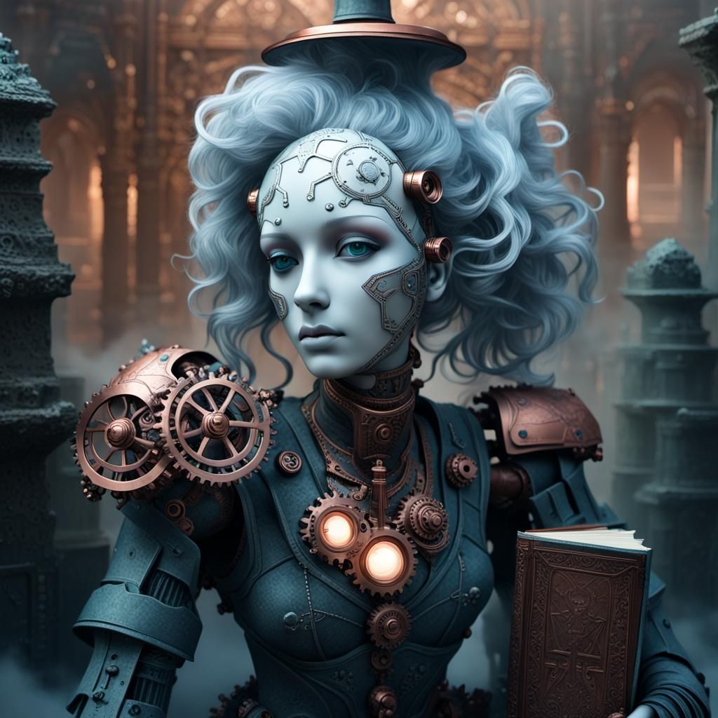 Victorian Robot Reads Book in Steampunk Style
