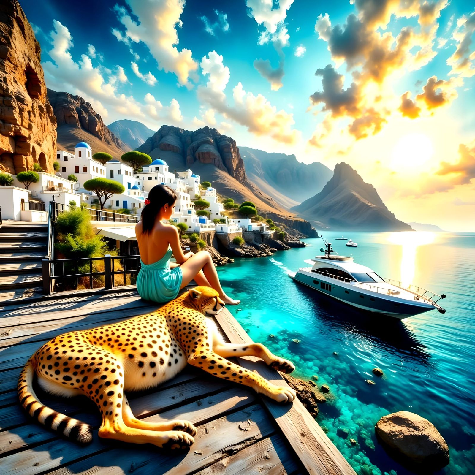 Sleek Cheetah Stretched Along Rustic Pier with Greek Girl Wa...