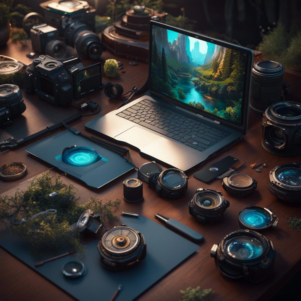 Laptop, Mobile, Watch, and Camera: Detailed Matte Painting
