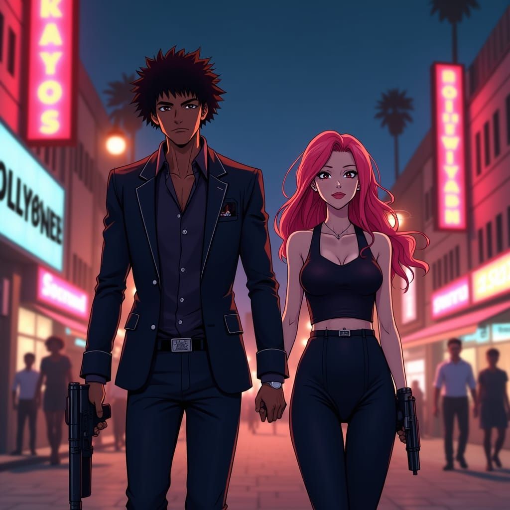 Anime Duo Walks Hollywood Streets at Night