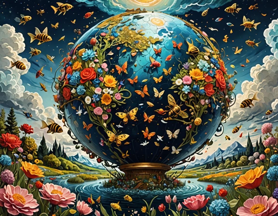 Earth Globe in Dewdrop with Colorful Insects