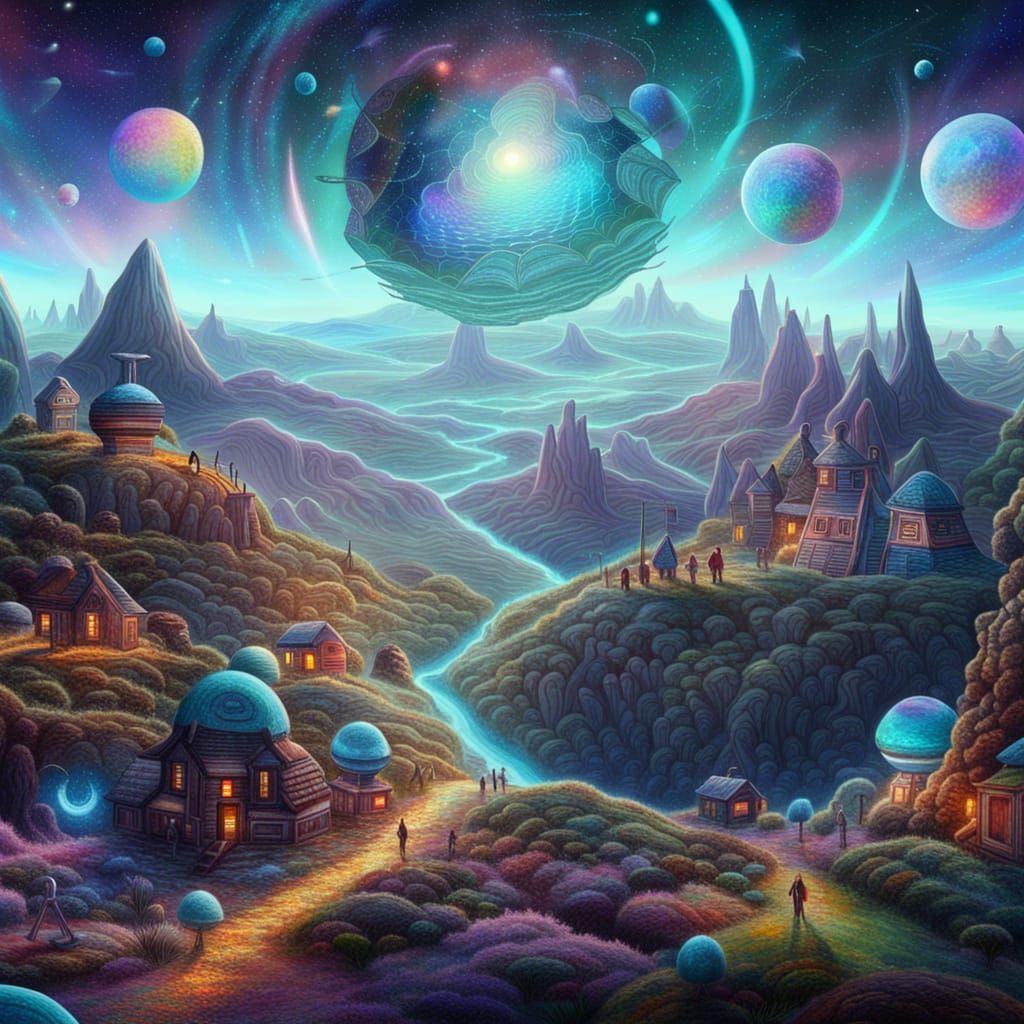 Cosmic Alien Village: Holographic Astral Illustration