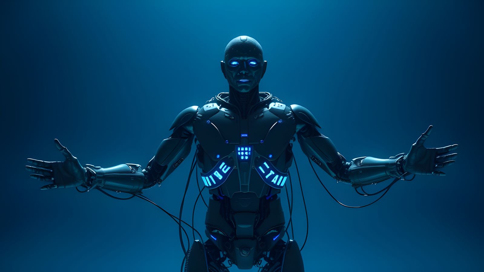 Cyberpunk Hero Poses Against Cosmic Blue Background