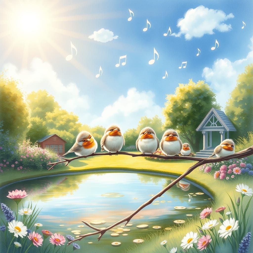 Idyllic Garden with Singing Birds: Watercolor Fantasy