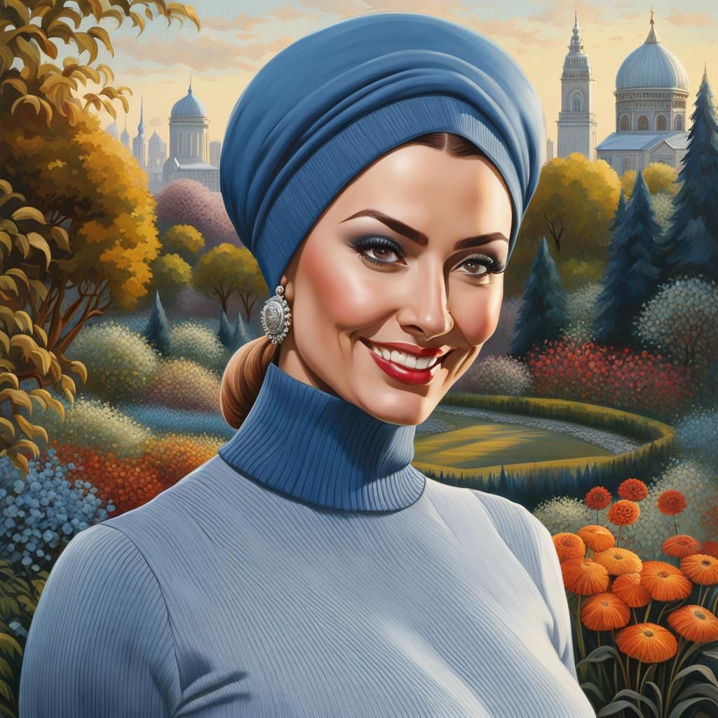 Elegant Woman in Urban Garden, Detailed Portrait