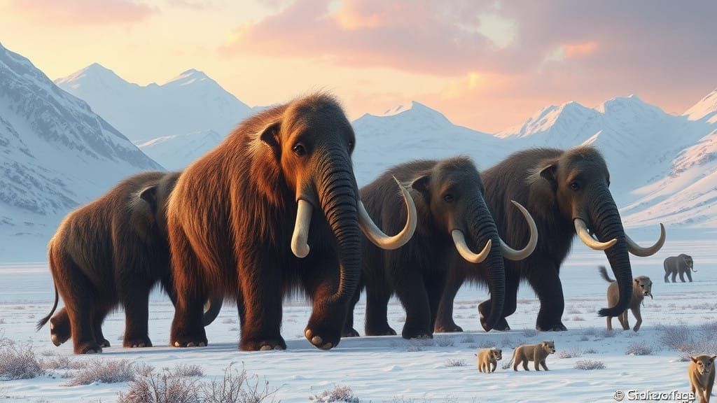 Majestic Woolly Mammoths Roam a Vast Snowy Landscape in Cine...