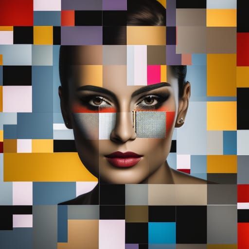 Cracked Portrait with Mondrian Overlay, Photorealistic Style