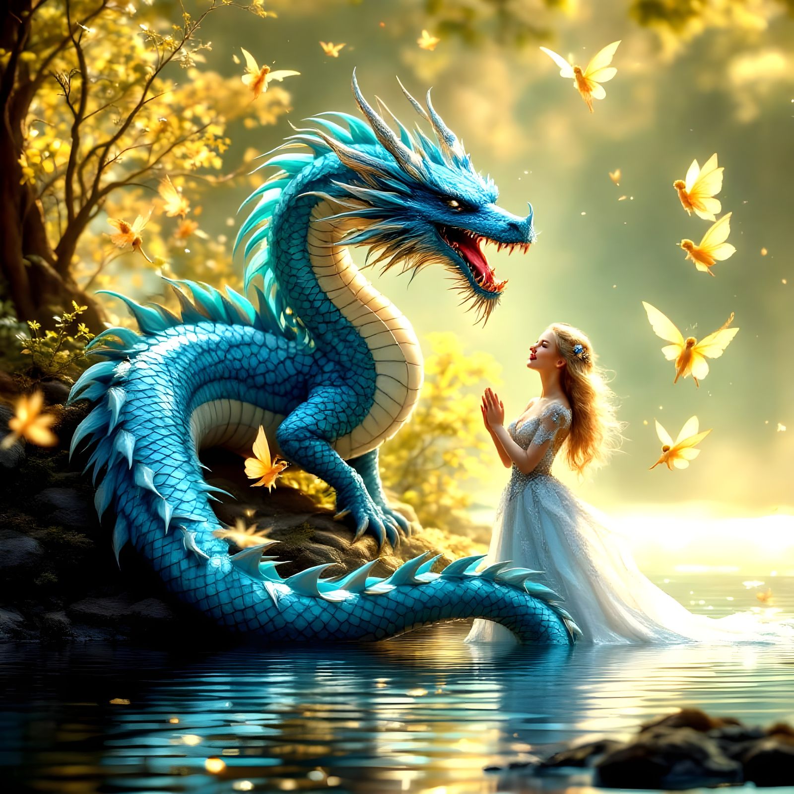 Friendly Silver Dragon with Princess and Fairies in Vibrant....