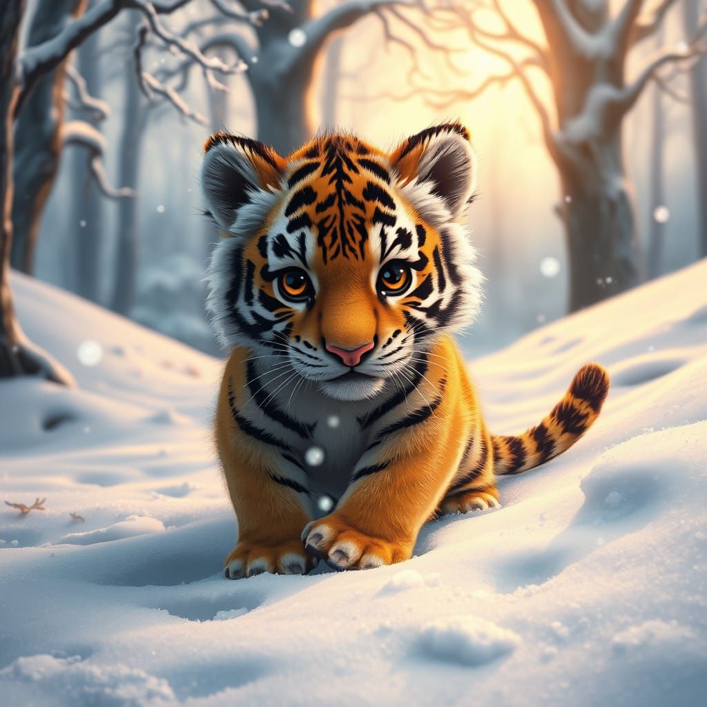 Tiger Cub Plays in Snowy Winter Wonderland