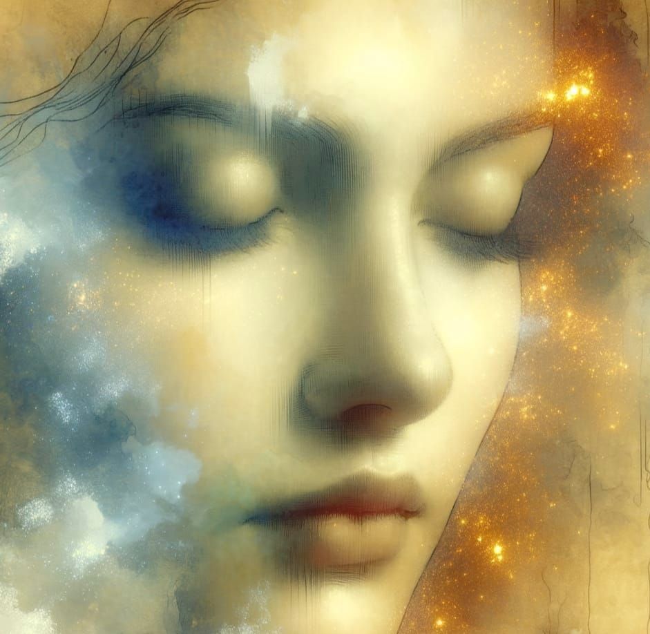 Golden Watercolor Portrait of a Serene Woman