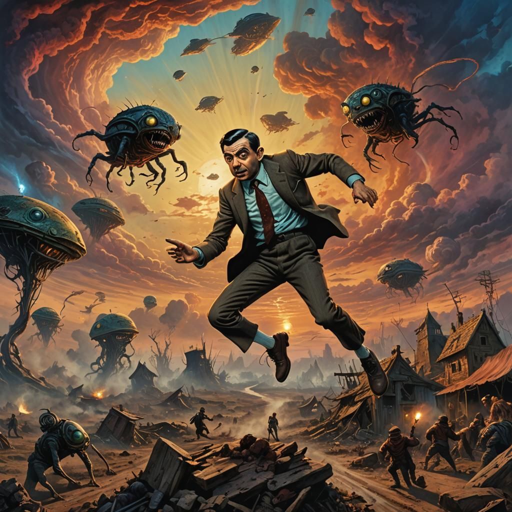 Mr. Bean in Wasteland with Aliens at Sunset