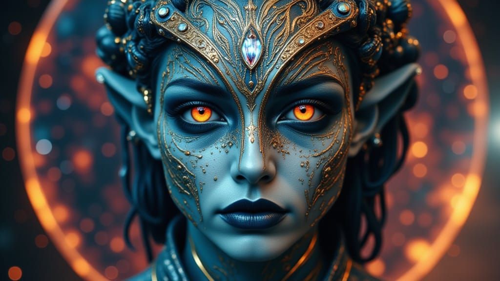 Regal Alien Woman Mandala Portrait in Vibrant Nebulae