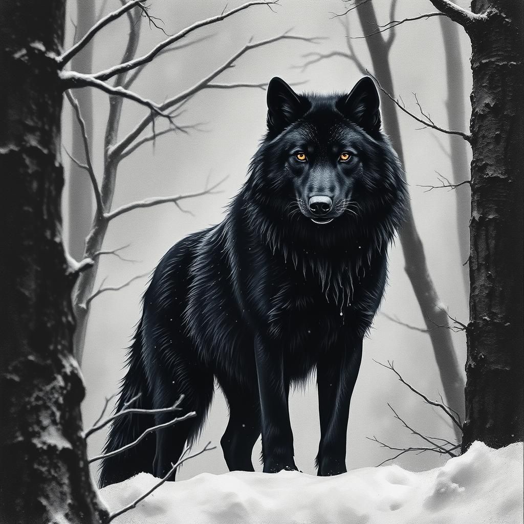 Majestic Black Wolf in Snowy Landscape, Charcoal Art