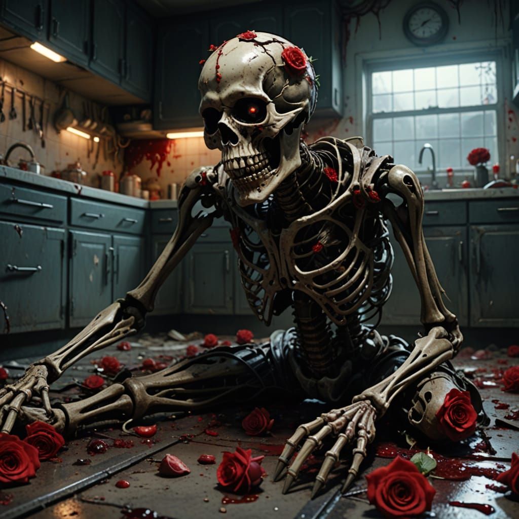 Post-Apocalyptic Skeleton in Bloody Kitchen with Roses
