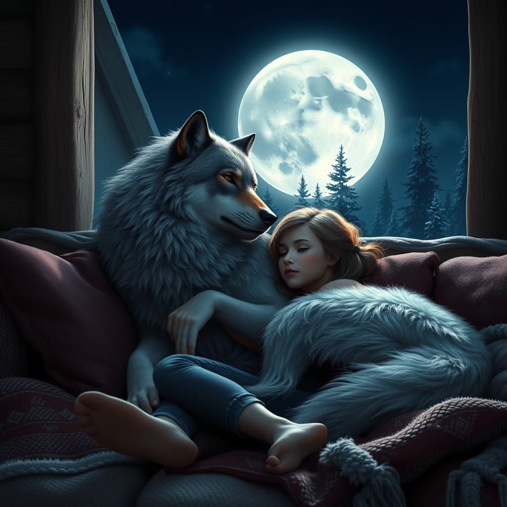 Young Woman and Majestic Grey Wolf Cozy Cabin Scene Under Fu...