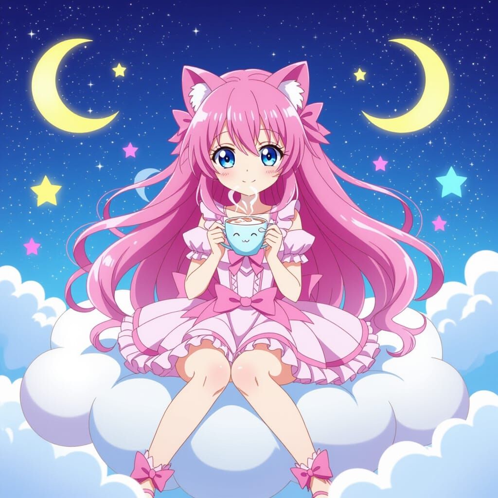 Anime Girl on Cloud with Cocoa in Studio Trigger Style