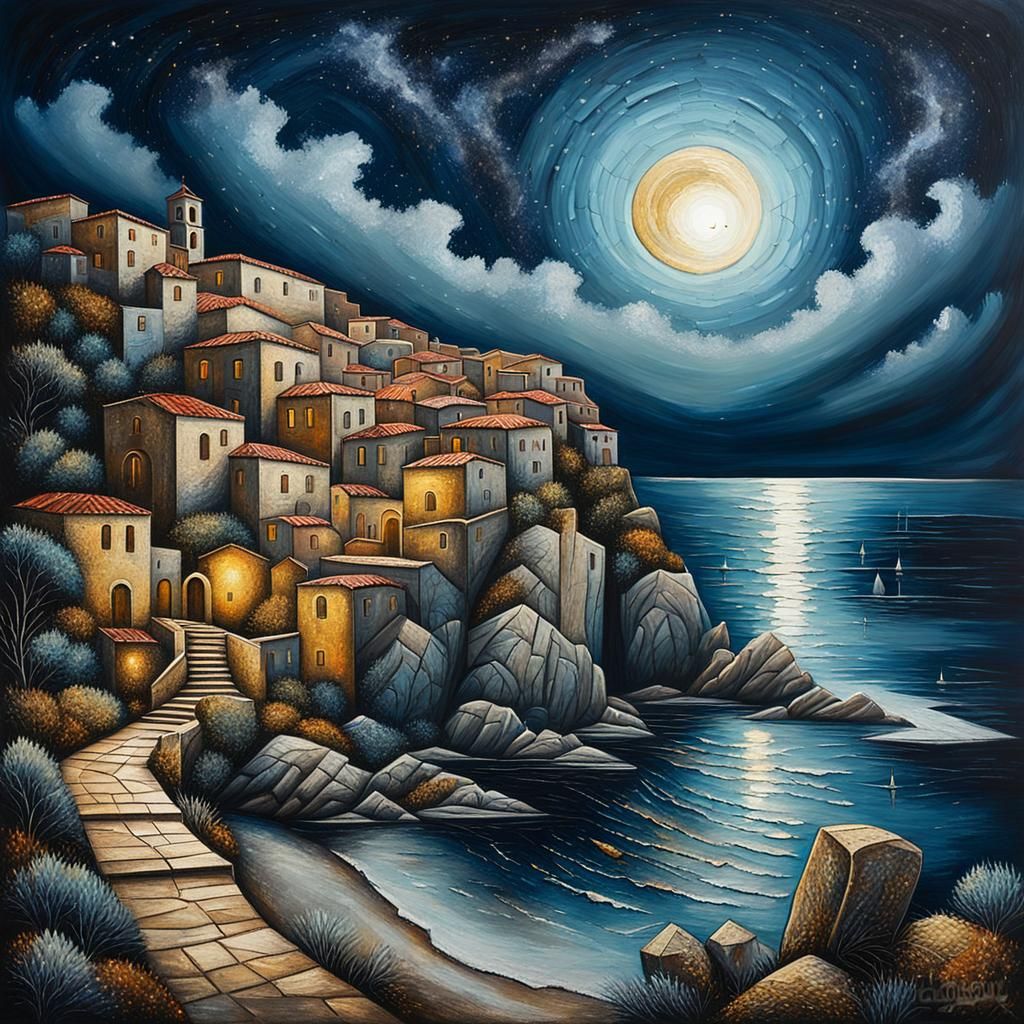 Mediterranean Town at Night, Acrylic Painting
