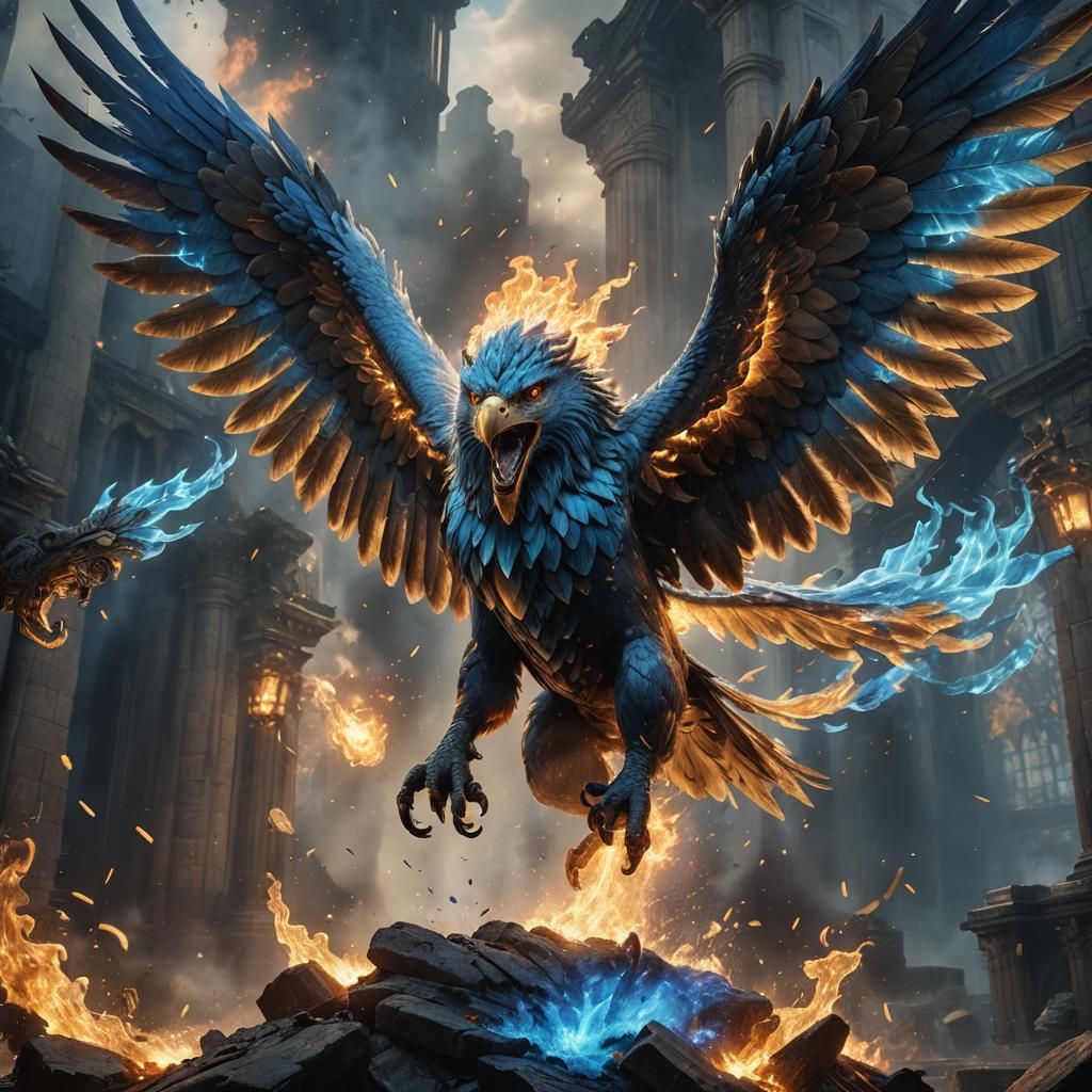 Griffin Ablaze with Blue Fire, Detailed Fantasy Art