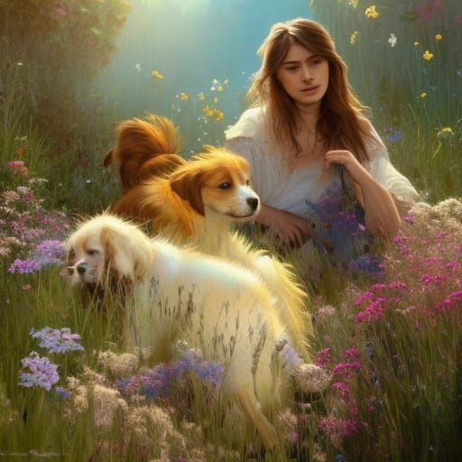 Dogs in Wildflower Garden: Hyper-Realistic Portrait