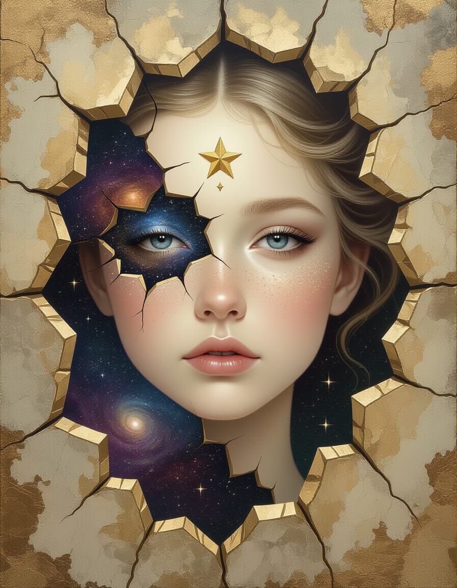 Ethereal Woman's Cracked Face Reveals Cosmic Universe