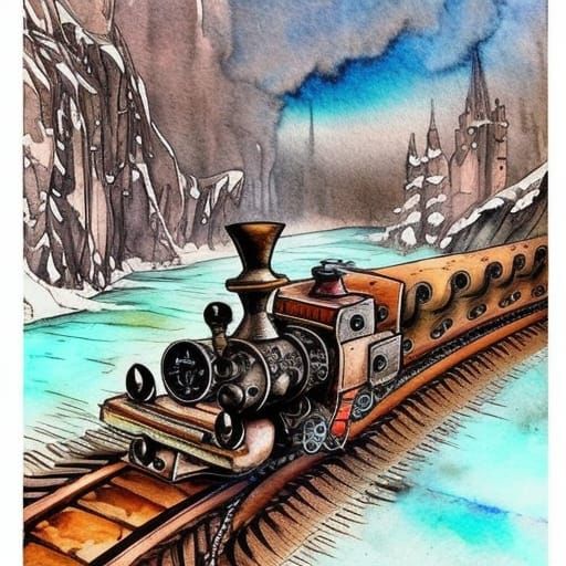 Steampunk Train in Frozen Gorge: Watercolor Ink Art