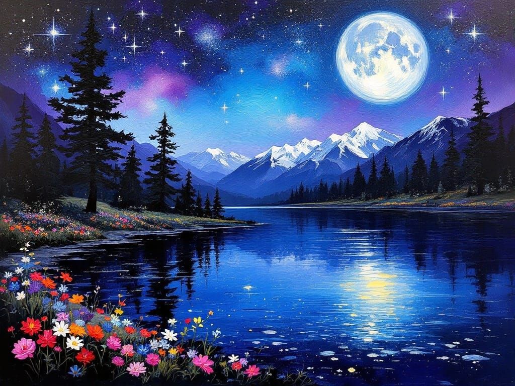 Starlit River Reflecting an Oversized Moon as Impasto Painti...