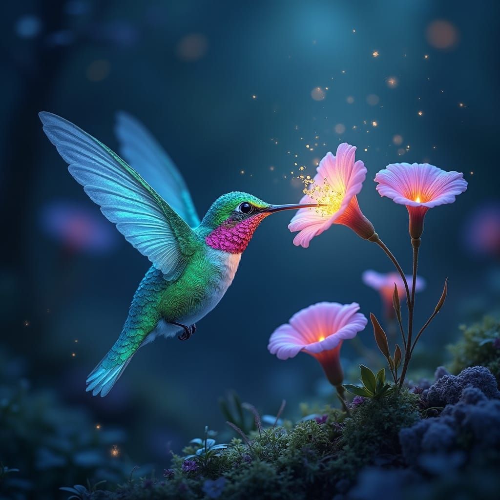 Bioluminescent Hummingbird in Enchanted Twilight Forest