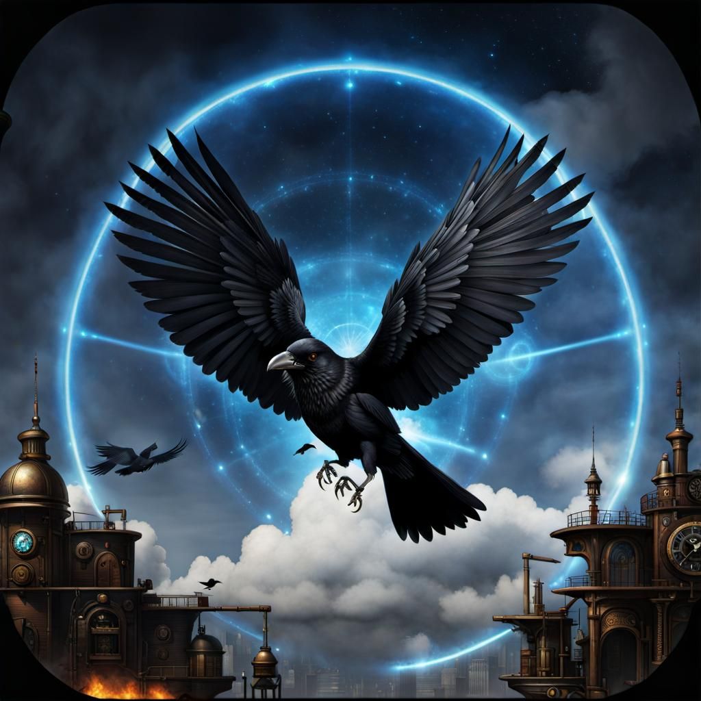 Holographic Steampunk Crow Machine in Flight