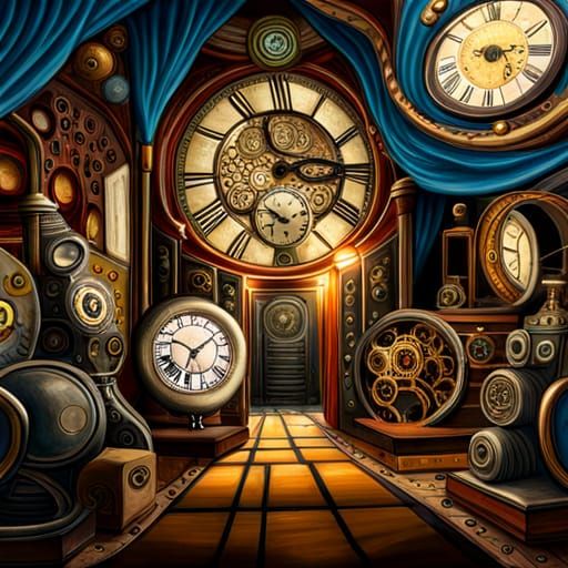 Steampunk Time Machine with Clocks in Sci-Fi Setting