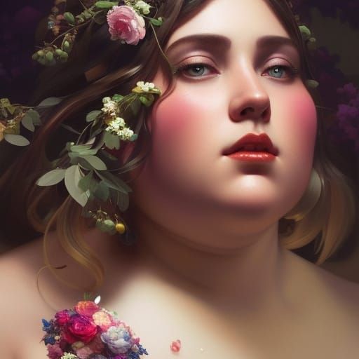 Floral Adorned Woman Eating Cake: Photorealistic Portrait