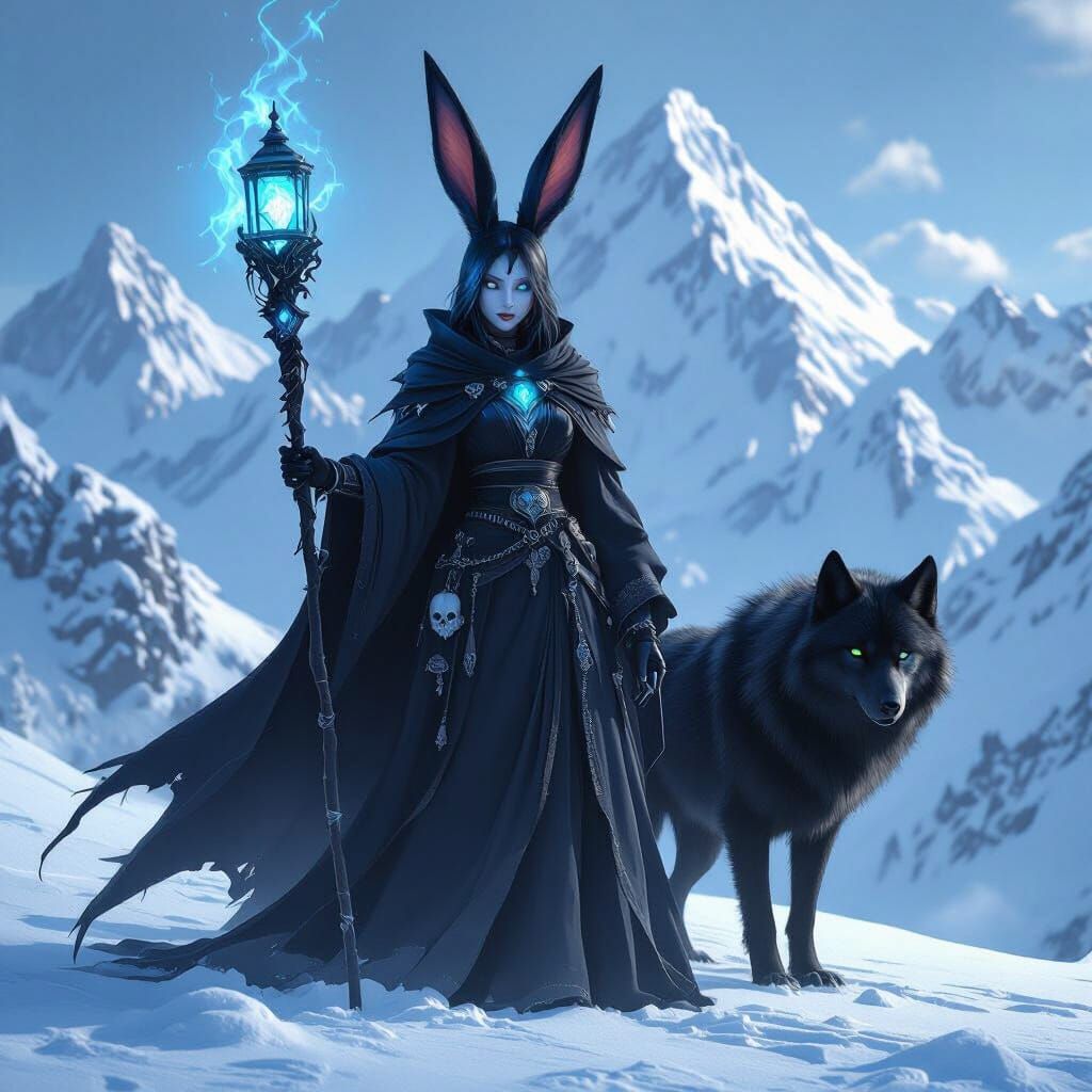 Viera Necromancer with Direwolf in Snowy Mountains