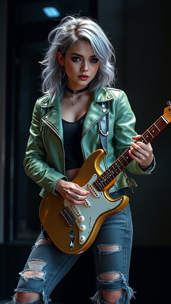 Fierce Rock Star with Flaming Guitar in Anime Style