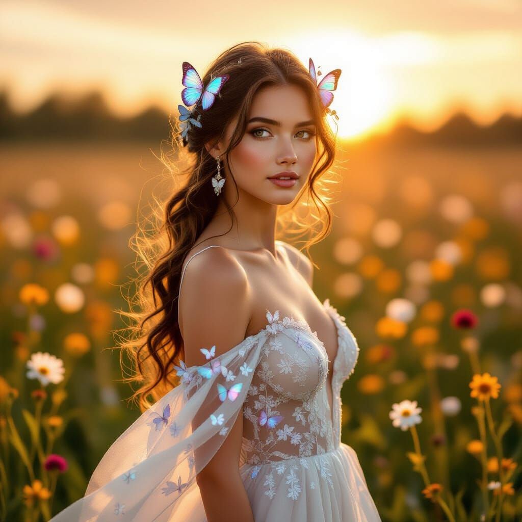 Ethereal Woman in Field of Wildflowers