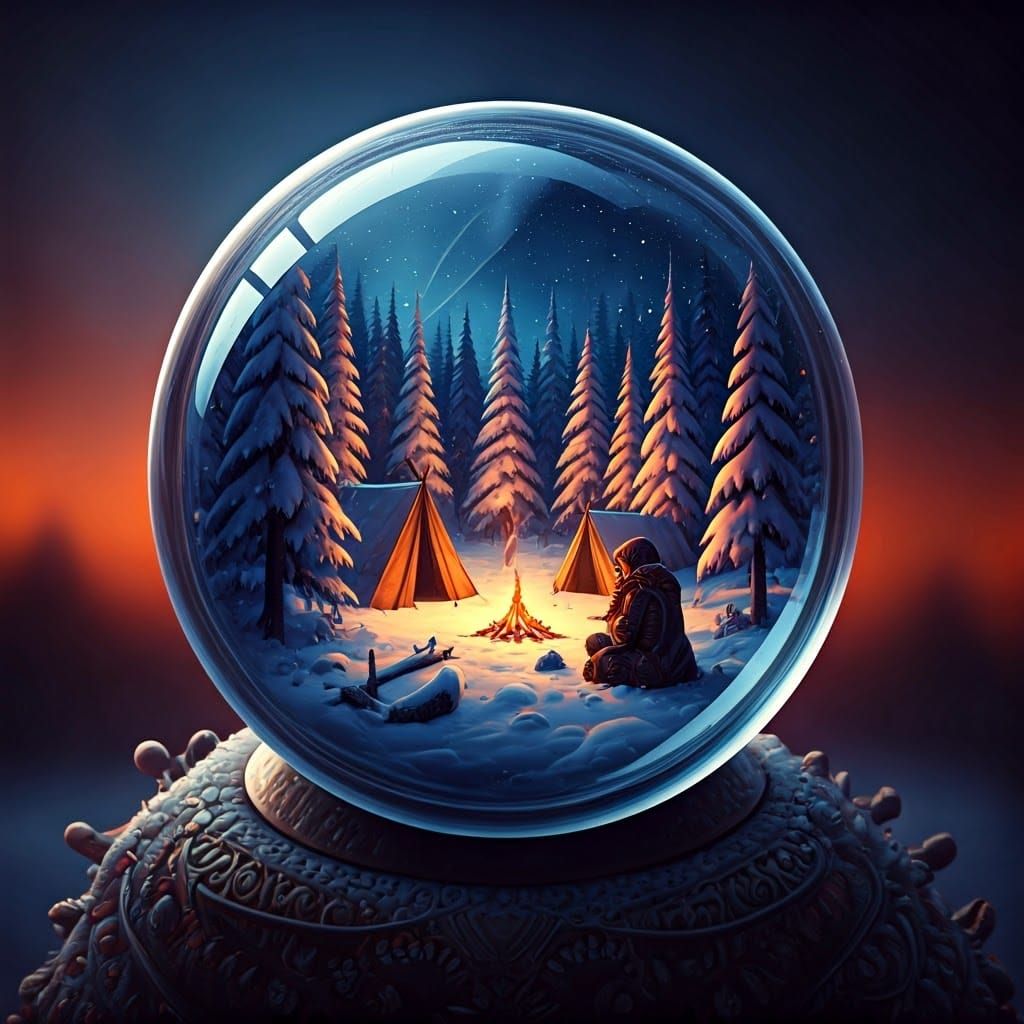 Winter Camp in a Glass Sphere: Hyperrealistic Scene
