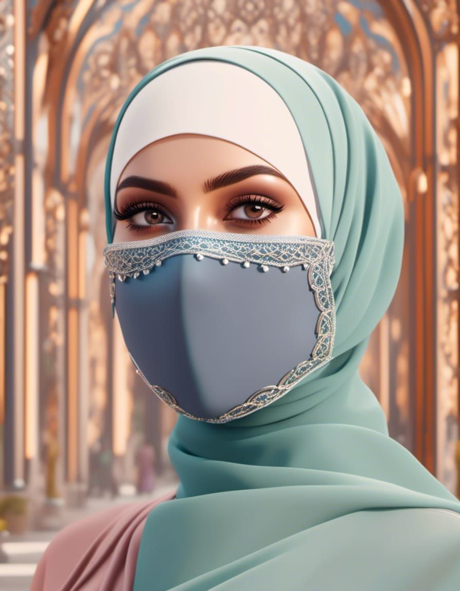 Woman in Hijab and Mask in City Park