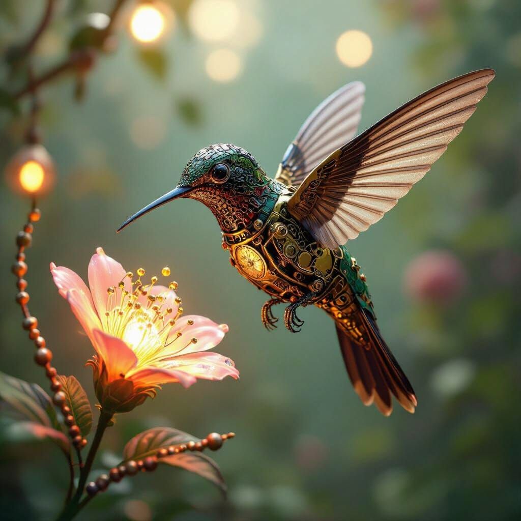 Steampunk Hummingbird Automaton in Bioluminescent Garden