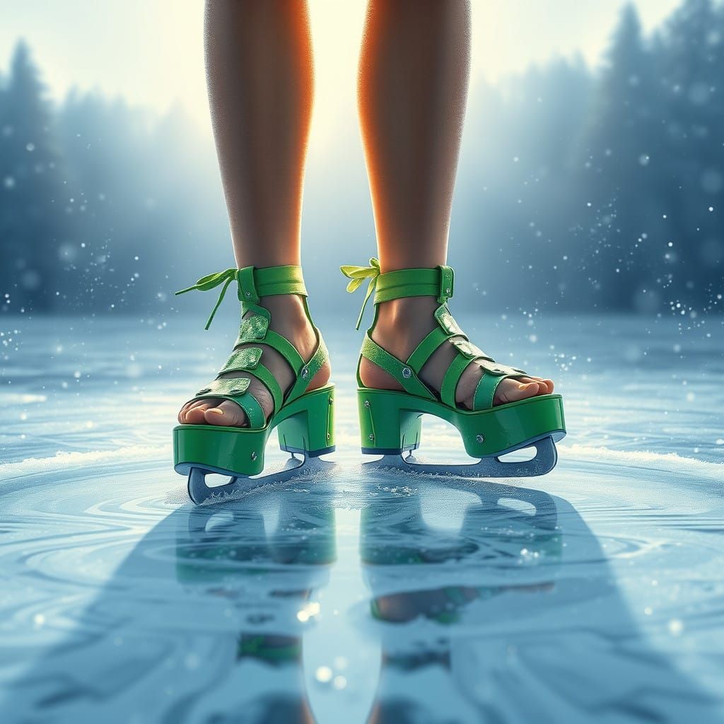 Woman's Feet in Luminous Green Platform Ice Skates on Frozen...