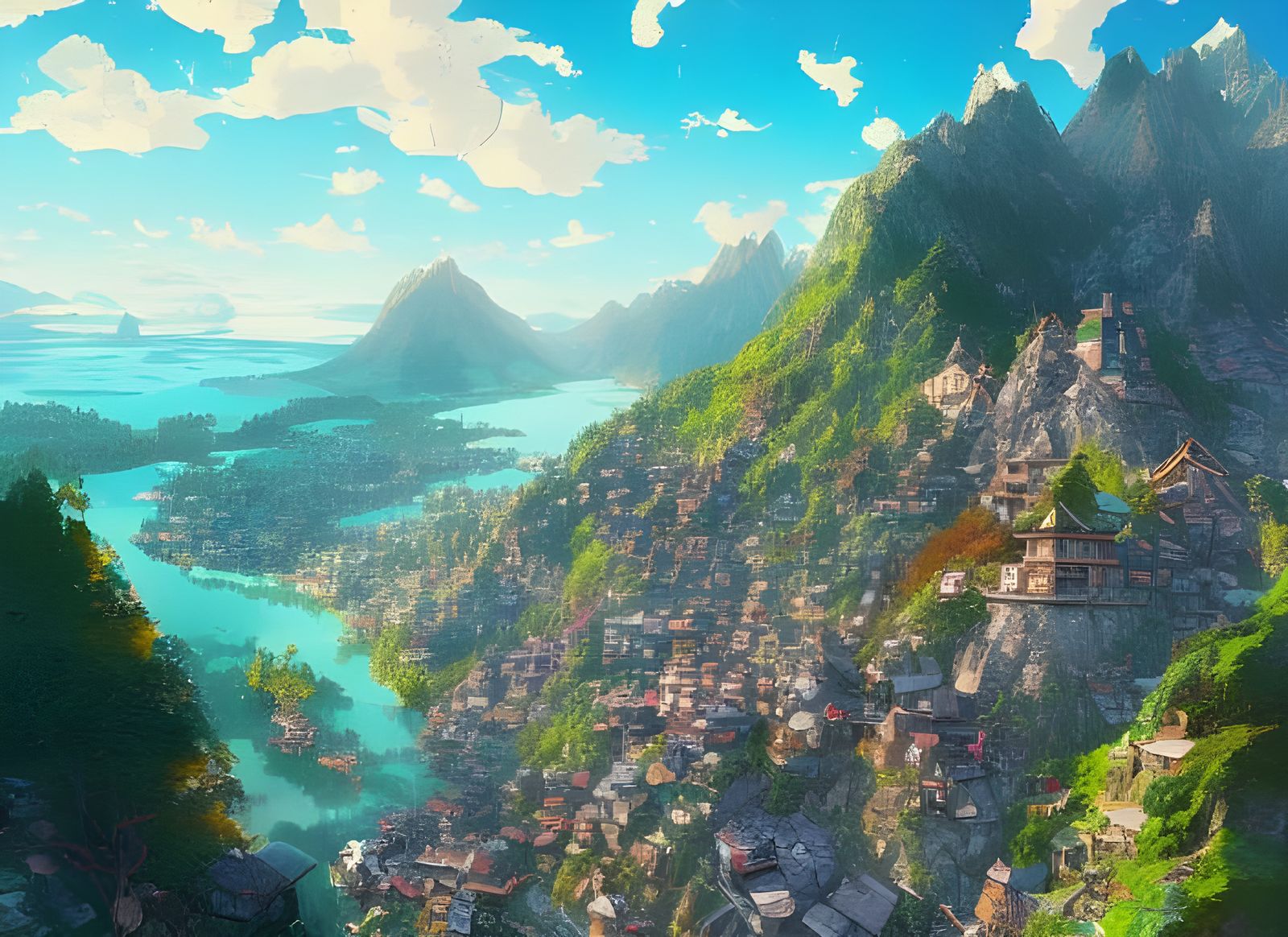 Mountain Village Lake: Digital Illustration