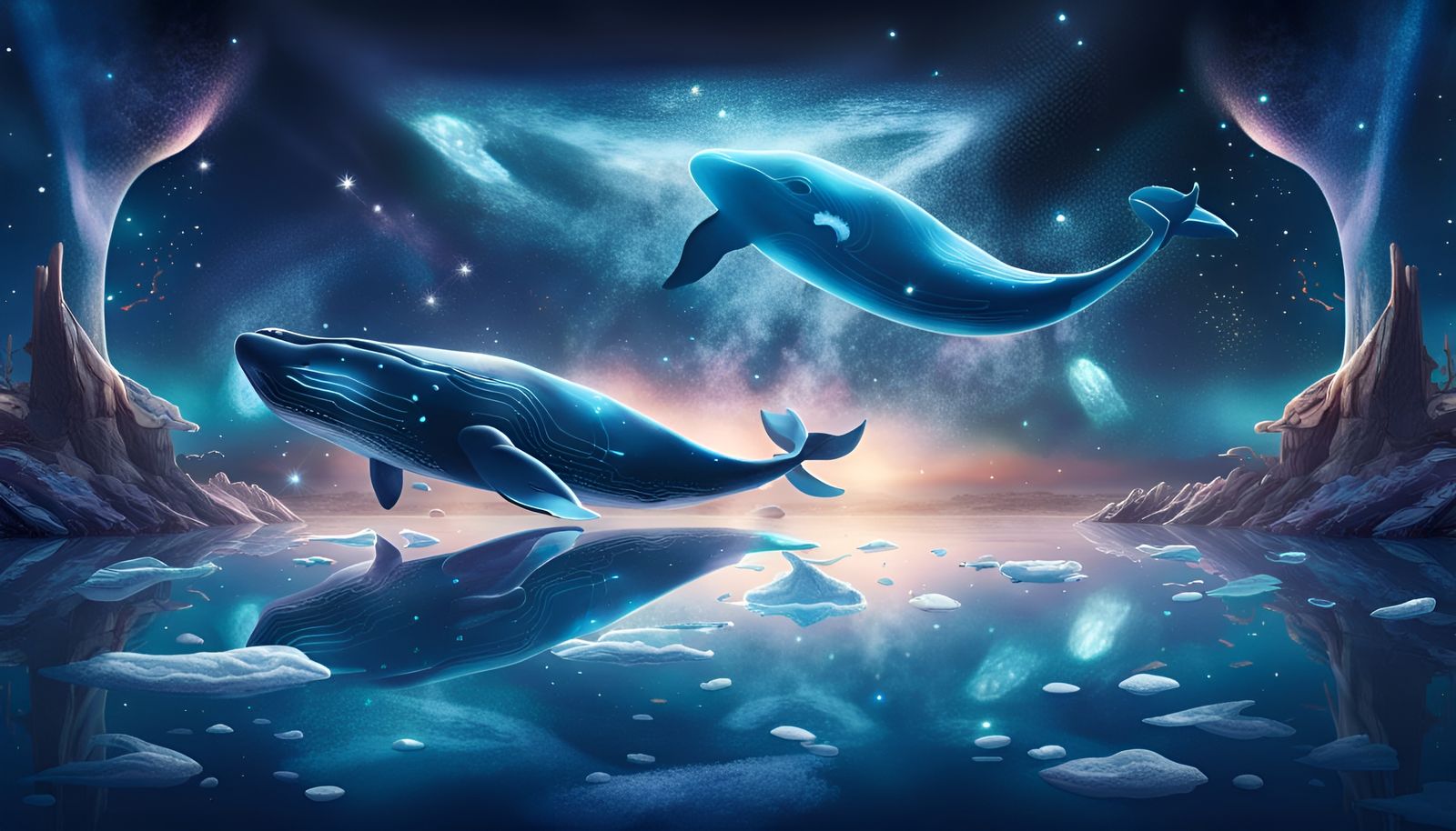 Mystical Whales Fly in Galactic Night Sky