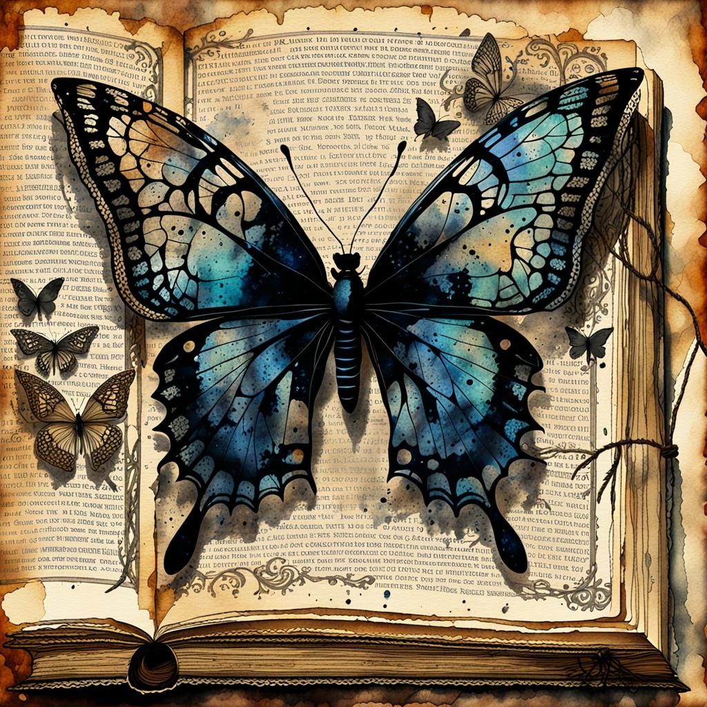 Lace-Winged Butterfly on Antique Page in Gothic Horror Style