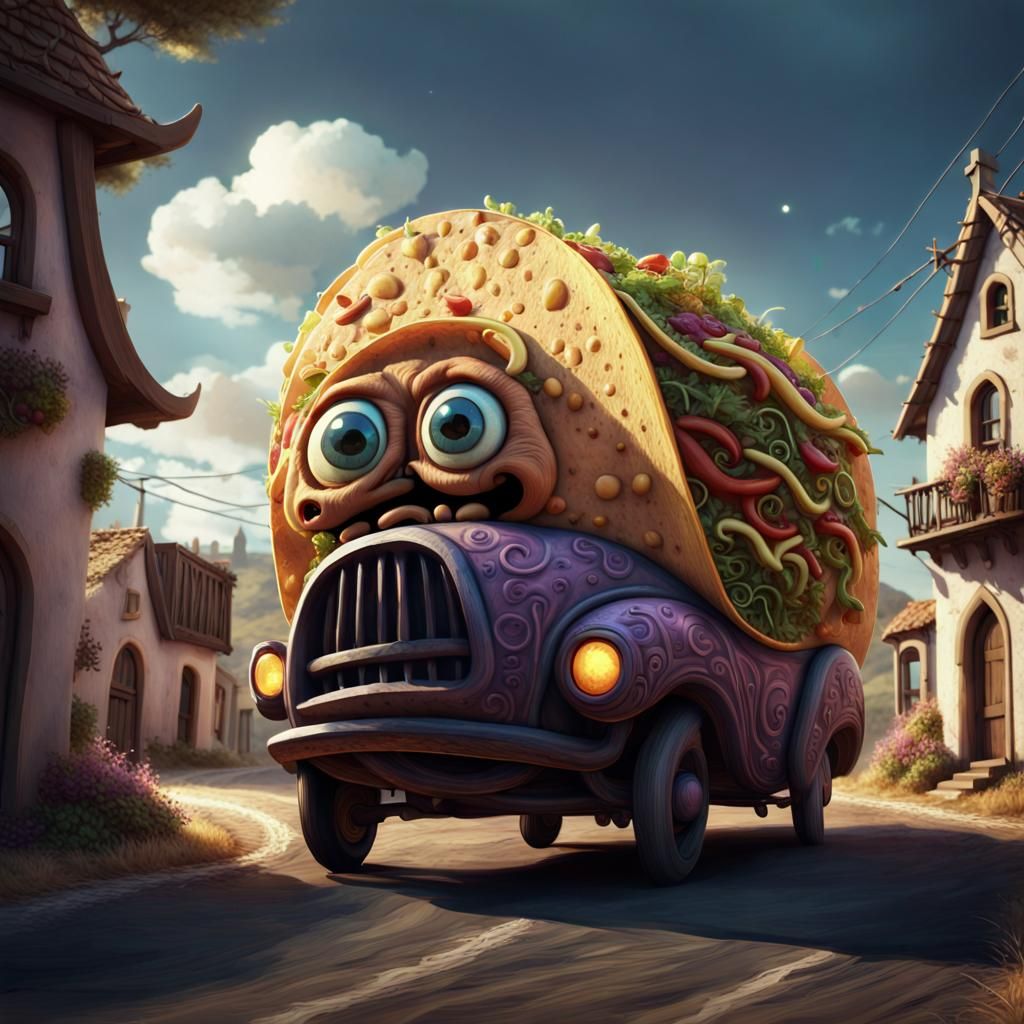 Imaginary gothic fantasy  creepy Taco vehicle   wondering through a gothic village
