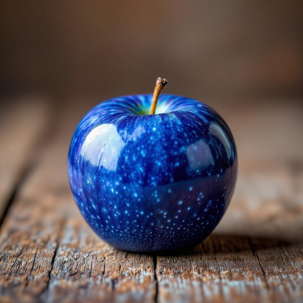Hyper-Realistic Sapphire Blue Apple on Rustic Table